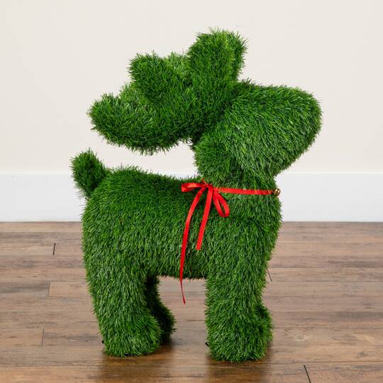 Nearly Natural 2ft. Green UV Resistant Artificial Christmas Grass Garden Plush Topiary Reindeer